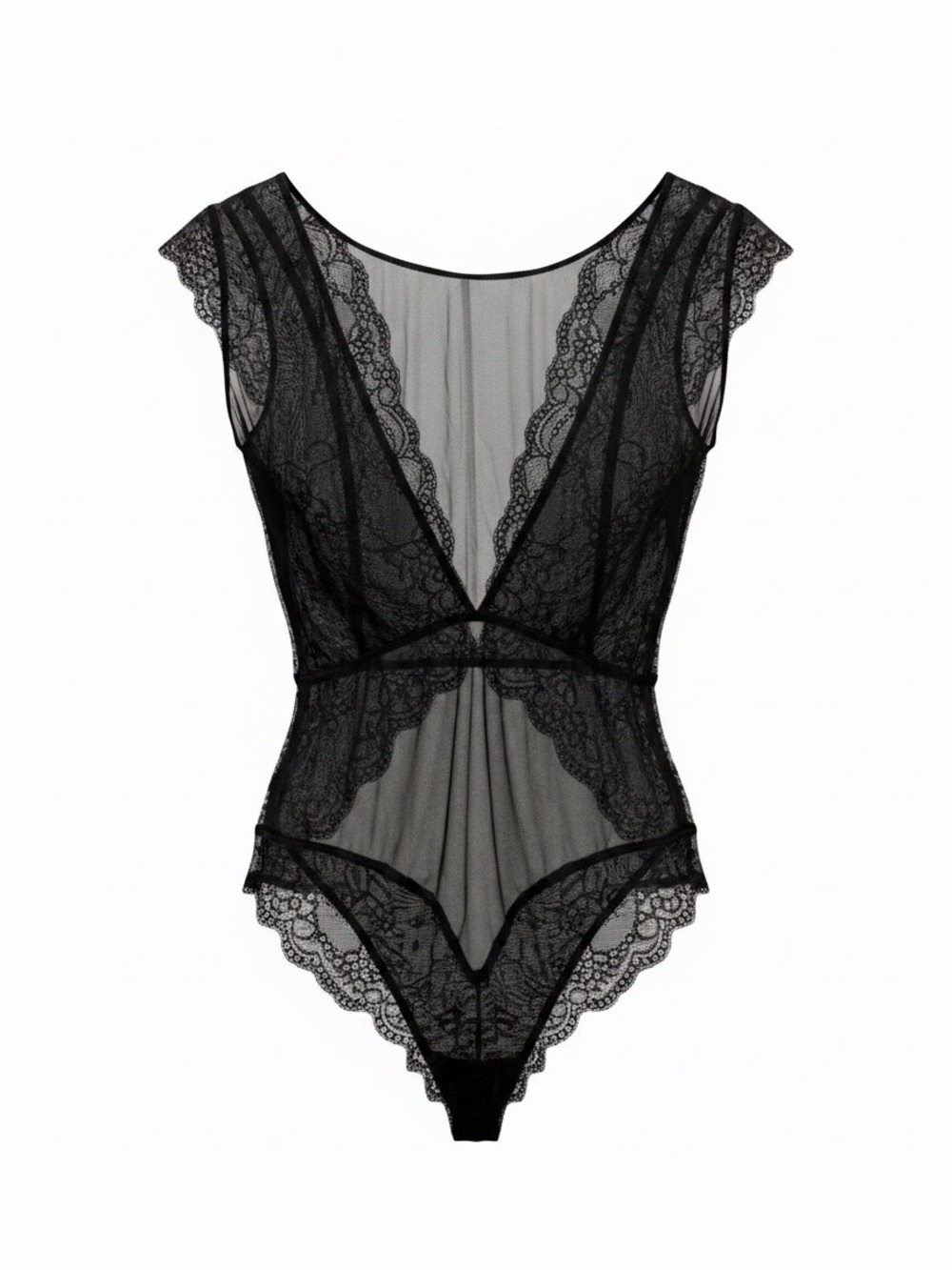 Chelsea28 | Women’s Black Lace Sheer Bodysuit Chemise w/ Cap Sleeves | L